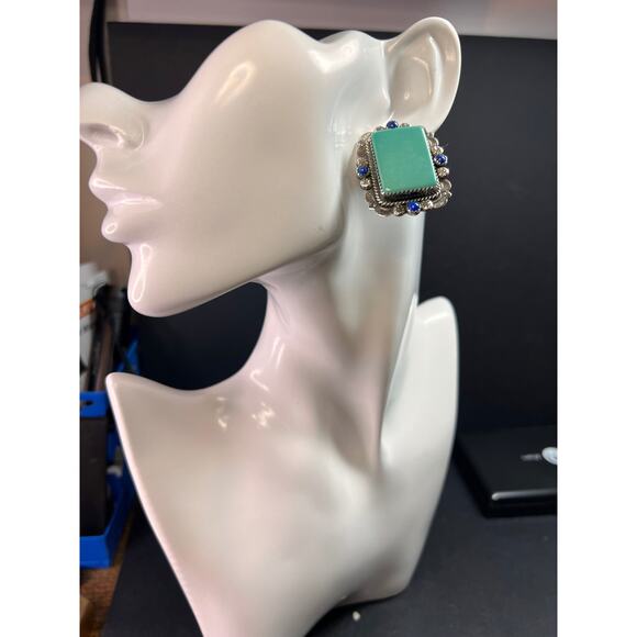 Signed Vintage Dead Stock Bernyse Chavez Sterling Turquoise Lapis Earrings - Picture 4 of 15